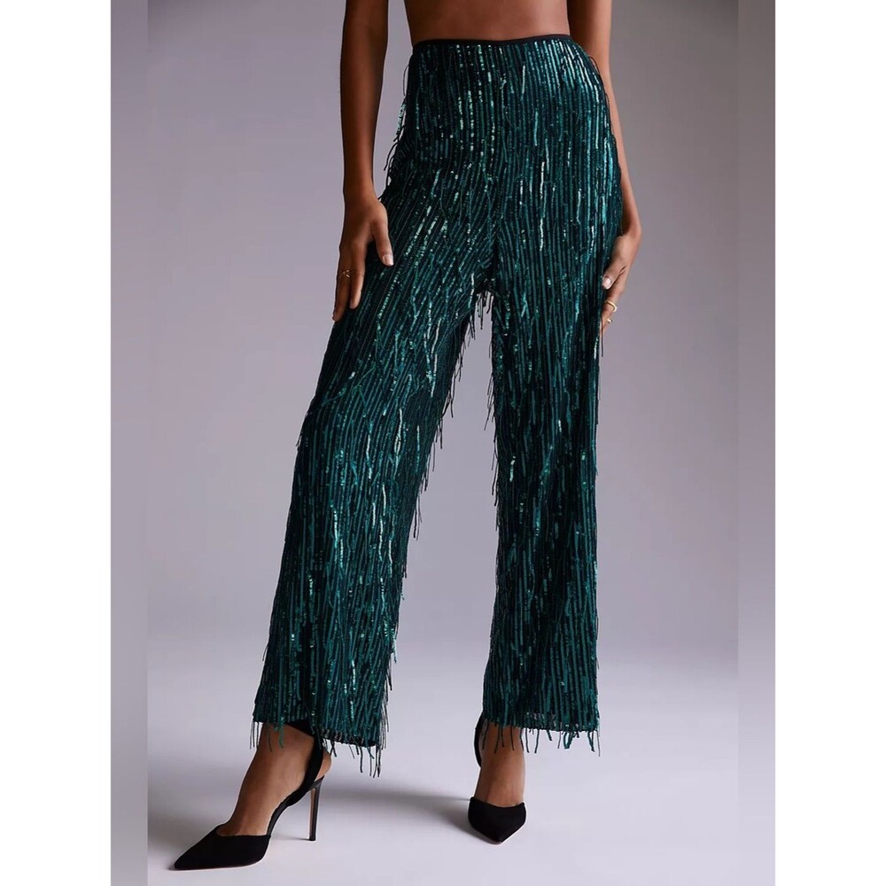 Maeve x Anthropologie Feather and Sequin- Embellished Trousers Size 12 Glam Rock
